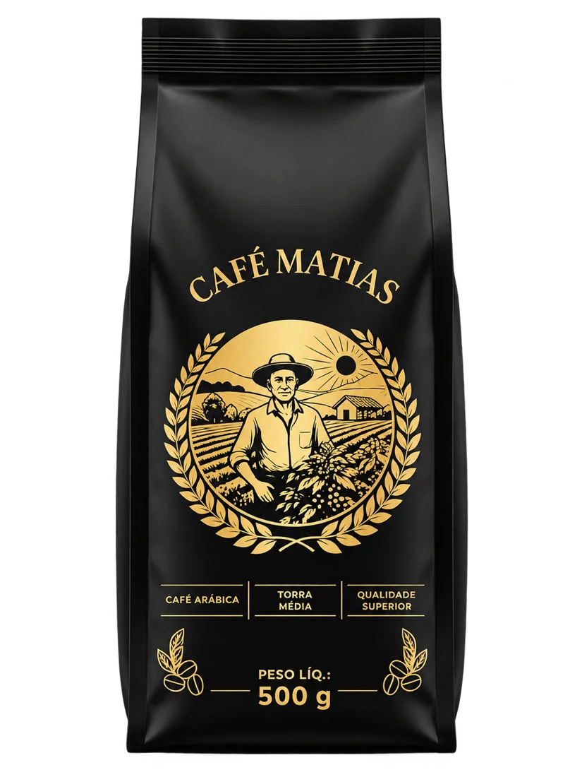 Pacote preto e dourado de Café Matias, café arábica, torra média, 500 g